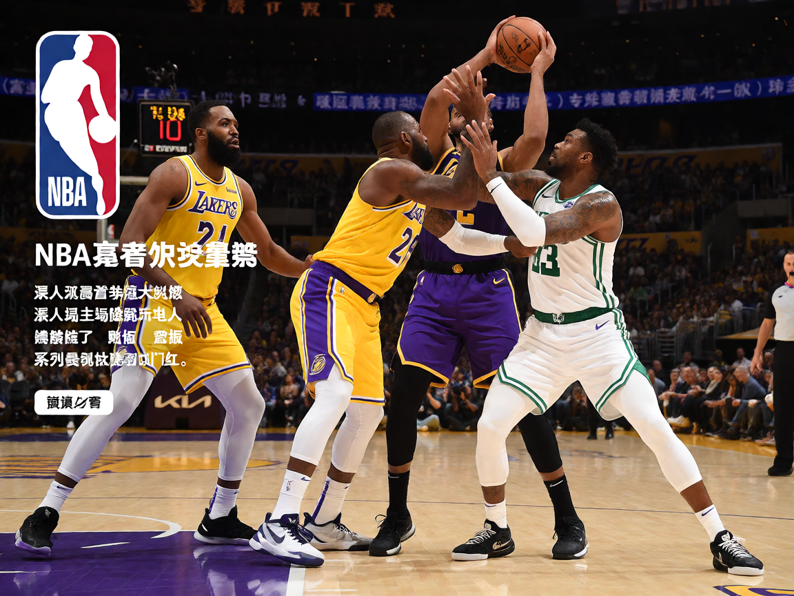 NBA季后赛湖人队比赛现场，球员在球场上激烈对抗
